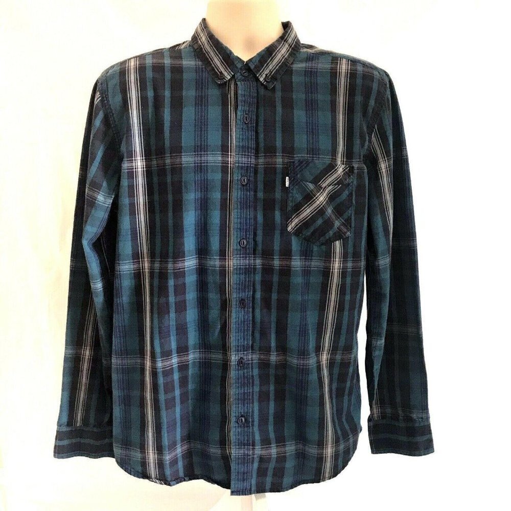Vintage Levi's Blue Plaid Button Front LS Shirt Large Pocket Lightweight Logo